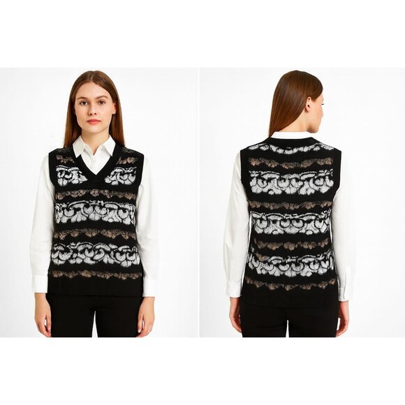 Belldini Black, White & Mocha Patterned Sleeveless Knit Sweater Vest - Size Medi - Picture 1 of 16